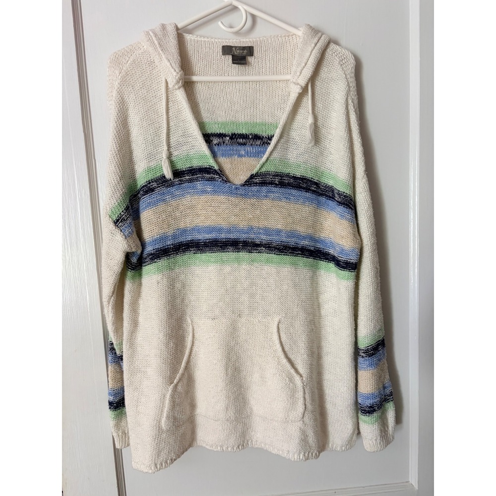 Natural Reflections Womens Large Cotton Knit Hoodie Sweater Striped Ivory Blue L